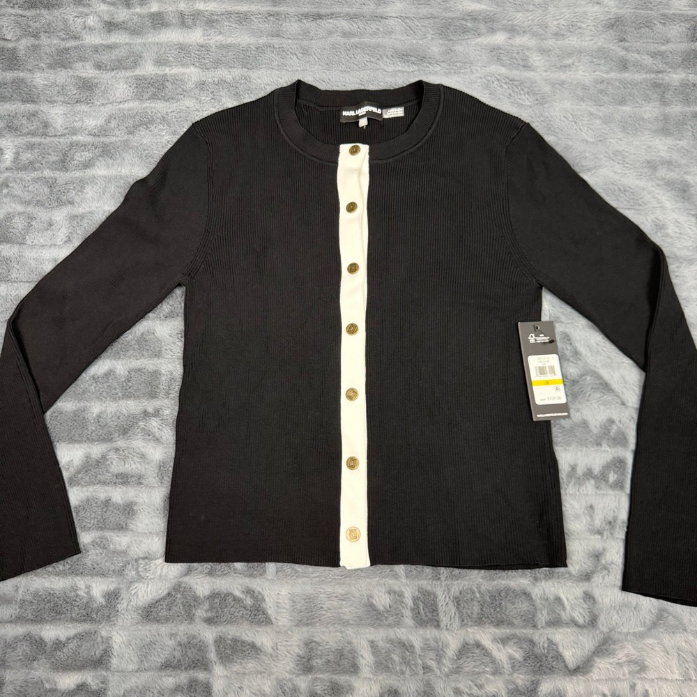 Karl Lagerfeld Paris Womens Ribbed Cardigan Black Cream Button L5ESS760 Size M